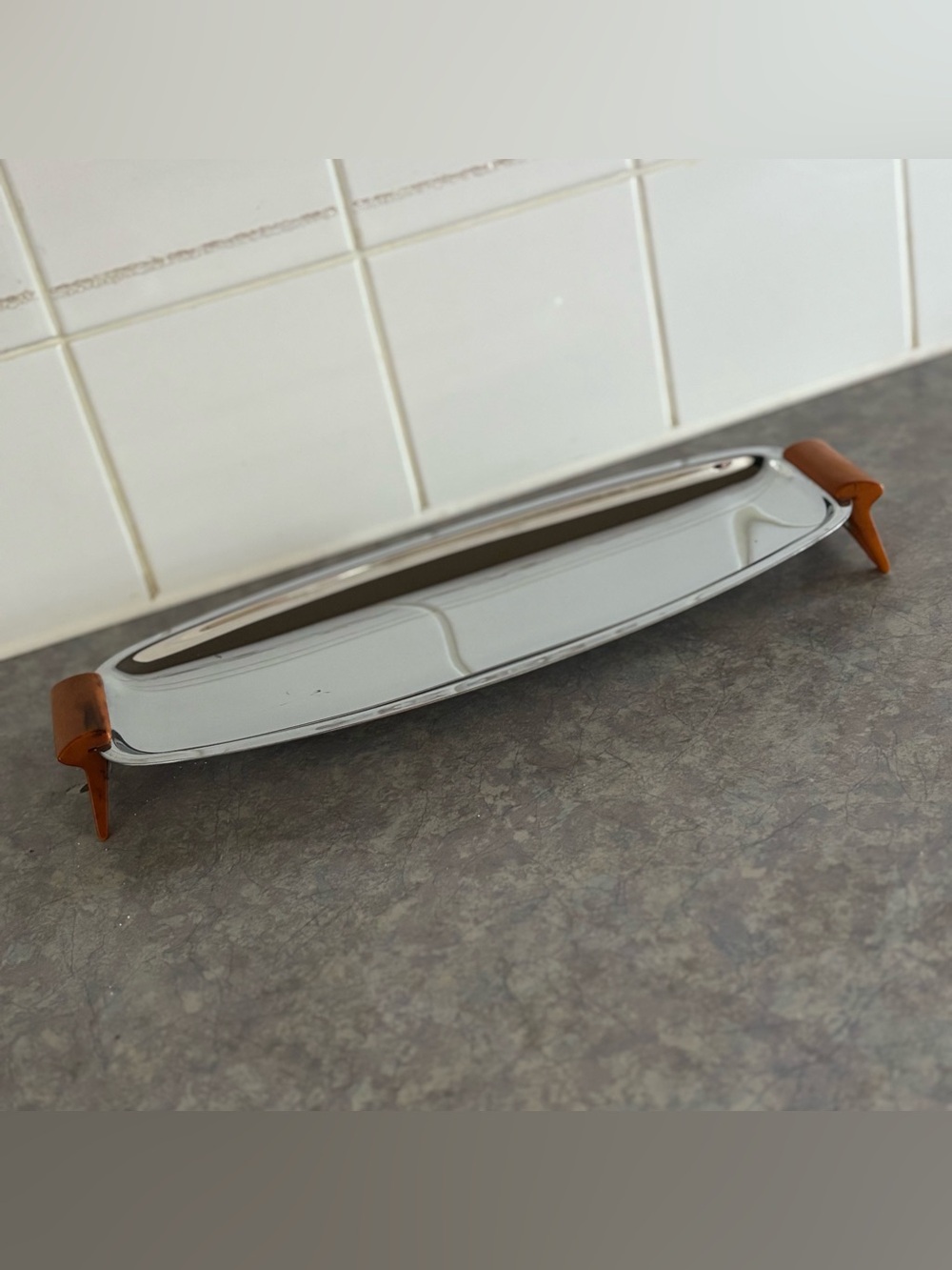 60's Glo-Hill Rectangular Serving Tray with Butterscotch Bakelite Handles